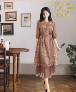 Dress Kondangan Midi Wanita Elegan Tebaru Brokat Tille Mutiara/Dress Naomi Size L/XL Dress Kondangan Remaja Kekinian Viral/Good Quality