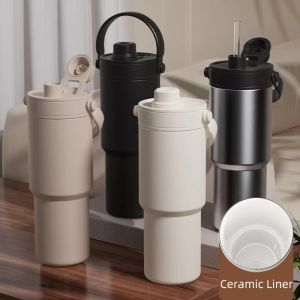 MECOME 24ออนซ์ออนซ์ เหยือกน้ำเดินทาง 735มล. เซรามิคภายใน ถ้วยความจุสูง ที่มีคุณภาพสูง ฉนวนกันความร้อน ถ้วยกาแฟเย็นๆ ของขวัญสำหรับเด็ก