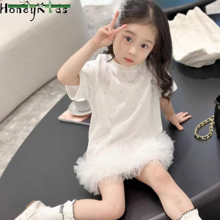 HYS Girls Dress Princess A-line Skirt Summer Korean-style Boho White