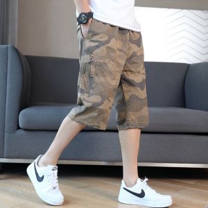 UAYESOK- MenS Thin Casual Beach Shorts Knee Length Shorts Cotton Cropped Pants Camouflage Summer Loose  Capris Pants Seluar  Lelaki