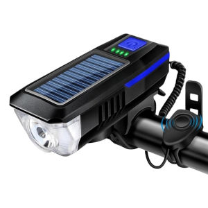 Solar Type C Rechargeable Bike Light Heavy Duty Portable Bicycle Front Lamp 130dB Bell 5 Sounds 3 Lighting Modes Super Bright LED Night Riding Equipment For Cyclist