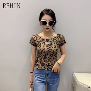 REHIN Womens top Summer new fashion hollow plaid short-sleeved T-shirt Slim small blouse