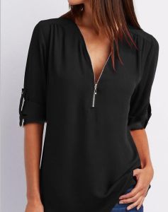 DSF Studio shirt V-neck zipper plus size womens long-sleeved elbow-sleeved loose chiffon shirt