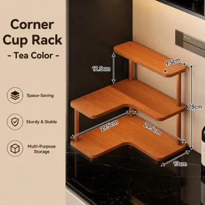 Allieuka 3 Tier L Shaped Corner Coffee Station Rack Countertop Mug Organizer Bamboo Wood Cup Shelf