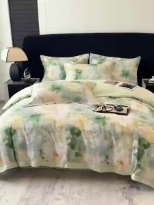 Light Luxury Cool Feeling Washed Ice Silk Summer Four-Piece Set ins Printed Quilt Cover Bed Sheet Dormitory Three-Piece Bedding Set LZD