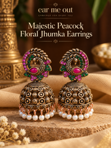 [SG] Majestic Peacock Floral Jhumka Earrings | Antique Gold Look | Pink & Green Stone Accents | Peacock Inspired Design | White Pearl Drops | Traditional Indian Jimikki Earrings | ear me out (EMO-419)