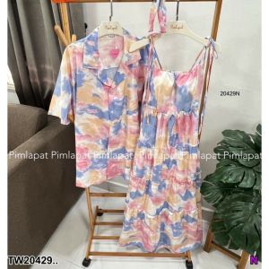 B20429 เซตคู่กับแฟน เซท 3 ชิ้น เสื้อฮาวาย + เดรสยาวCouple set with girlfriend 3-piece set Hawaiian shirt + long dress