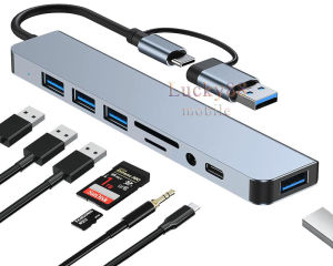 8 IN 1 Converter Type-C Usb 3.0 Ke 8 Port Usb 2.0 Tipe-C Audio SD TF Pembagi Dok Station Ekspansi Pembaca Kartu Pemisah USB Transmisi Kecepatan Tinggi Adapter Otg Untuk Macbook Laptop Ponsel Keybord Headset Card Reader Splitter Hub DC BC 1.2 Dengan LED