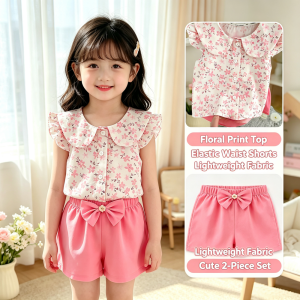 AILEBE Kids Sets Floral Print Short Sleeve Top Shorts Set Lightweight Polyester Summer Wear Fashion Cute Casual Outfit All-Season Perfect For Birthday Party Wedding Christening Pambahay OOTD For Baby Girls 0-6 Years