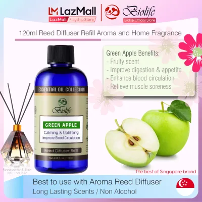 Biolife Green Apple Reed Diffuser Refill Essential Oil Aromatherapy Long Lasting Scent (120ml Reed-Diffuser Refill)