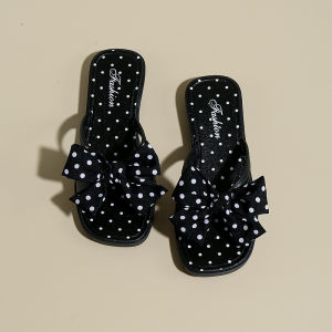 Free Shipping Polka Dot Bowknot Slippers For Women Summer Versatile Flat Non-Slip Student Fashion Soft Sole Beach Sandals