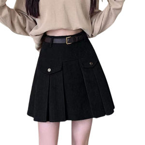 Lings Co Korean Pleated Mini Skirt 25-28 With Belt Corduroy & Inner Short #0735
