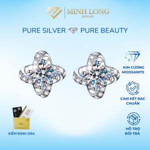 Bông Tai Hoa 4 Cánh May Mắn Bạc Ý 925 Cao Cấp Xi Vàng Trắng 5 lớp Đính Kim Cương Moissanite Kèm Kiểm Định GRA Chính Hãng