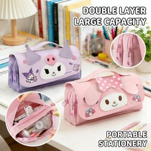 Sanrio Pencil Case Double Layer Large Capacity PU Stationery Pouch Kids School Travel Cute