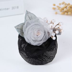 PTK52 สไตล์เกาหลีแบบ คลิปสปริงสายผูกผมรูปดอกไม้ ตาข่ายคลุมผม สายผูกผมบัน ตาข่ายโครเชต์ไข่มุก ถอดออกได้ คลิปหางม้า ตาข่ายคลุมผมลูกไม้ลายกุหลาบ โรงแรมในโรงแรม