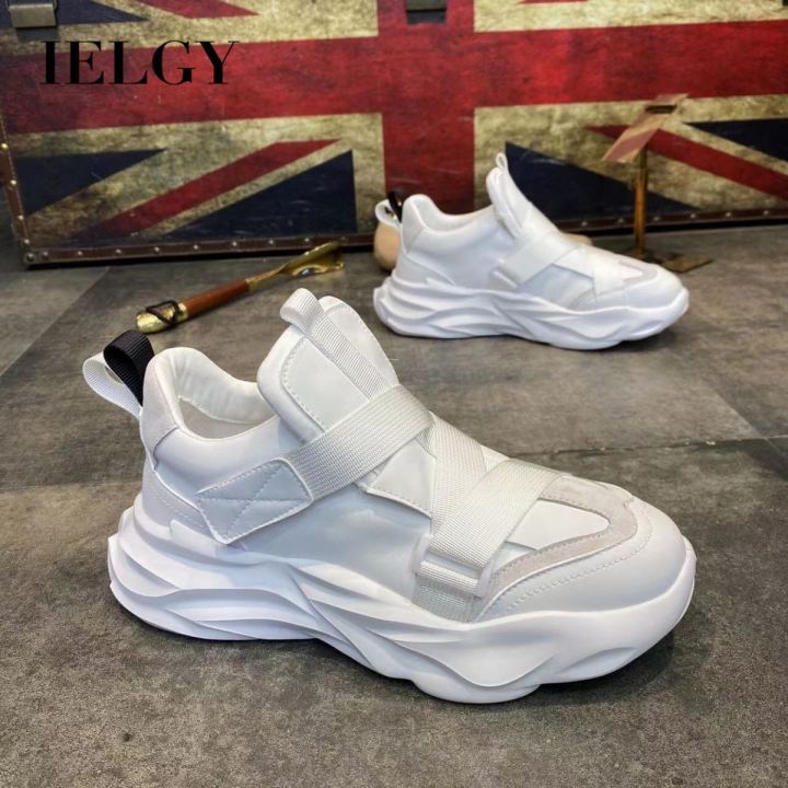 IELGY Men's New Low-top Sneakers Thick Bottom Increased Leather Stitching  Velcro Pure White Lazada PH