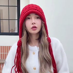 Popular Ear Muff Beanie Hat with Fringed Braids Y2K Winter Hat Cool Girls Handmade Crochet Hat Soft Breathable Skull Cap