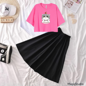 Setelan Baju Crop Oversized Dan Rok Panjang Big Size Cute Motif