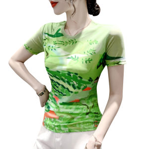 REHIN Womens T-shirt Summer fashion mesh unique printed short-sleeved shirt round-neck slim-fit S-3XL trendy top with floral green pattern