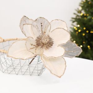 MAOMEI Sparkling Artificial Christmas Flower Three-Layer Velvet Texture Xmas Poinsettia Ornament Handmade Realistic Faux Magnolia Flower Christmas Tree