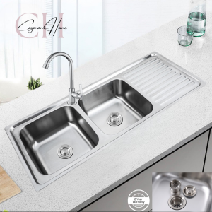 อ่างล้างจาน ซิงค์ล้างจาน เครื่องครัวอ่างซิงค์2หลุม ซิงค์ล้างจานสแตนเลส ฝังและพับขอบ ขนาด 120x50x17 หนา 0.5mm