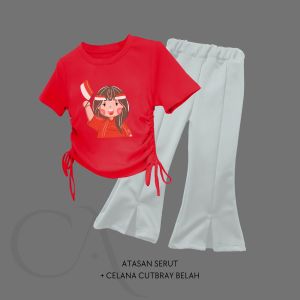 Setelan Kaos Serut Crop Top dan Cutbray Belah Anak Perempuan Anomali Kemerdekaan Indonesia Umur 1-14 tahun