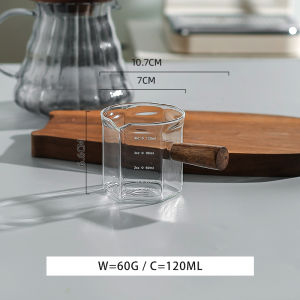 Vision 4oz/120ml Espresso Shot Glass Double Spouts Coffee Glass with Wood Handle Measuring Milk Creamer Pitcher Mini Coffee Measuring Cup Milk Prismatic Glass Espresso Pouring Cup