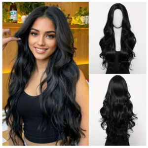 Elegant 32 Inch Black Curly Wave Wig for Women 150% Density Rose Net Cap Center Part No Bangs Fashionable Long Wig
