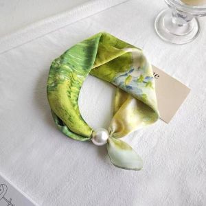 IFFINE Đã in Khăn lụa Khóa ngọc trai Khăn quàng cổ Thời trang Nhẹ Phụ nữ