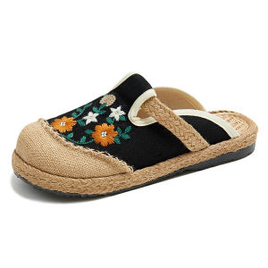 WomenS Flat Office Closed-Toe Slippers Suitable For Outdoor Wear Ethnic Style Fabric Shoes Linen Embroidered Slip-Ons