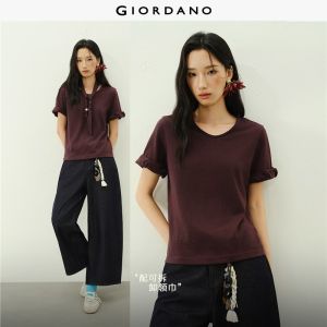 Giordano Women Detachable beaded tie neck short sleeve tee Free Shipping 18326822
