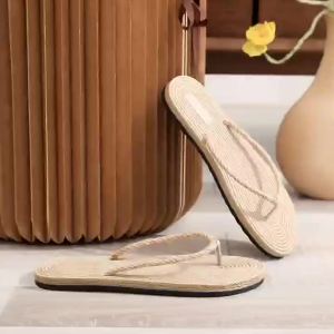 Summer Trendy Imitation Straw Fashionable Outdoor Beach Casual WomenS Flat Solid Color Simple Flip-Flops