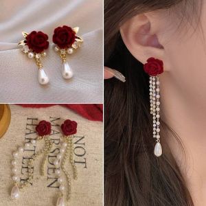 Velvet Rose Flower Long Bead Pearl Earrings For Women Korean Style Drop Earrings Jewelry Accessories