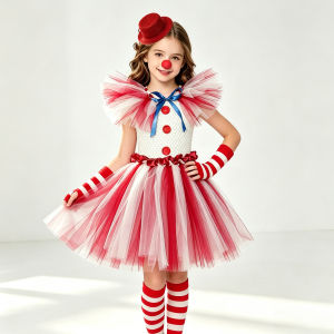 11.11 Girls Clown Red White Color Block Halloween Party Fancy Sweet Style Tutu Dress With Red Nose Hat Hair Clip Ruffled Collar Outfit h2610