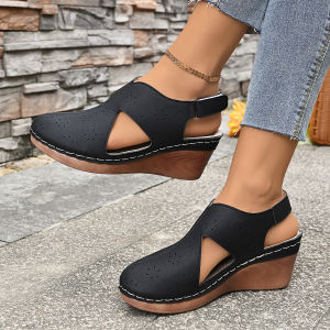 [Free Shipping] Fashionable Sandals New Style Hollow And Breathable With Velcro Straps Wedge Heel And Stitched Detailing Featuring A Closed-Toe Design