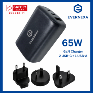 [EverNexa] 65W GaN Charger 3‑Port PD/PPS Interchangeable Travel Plugs (UK/EU/US/AU)