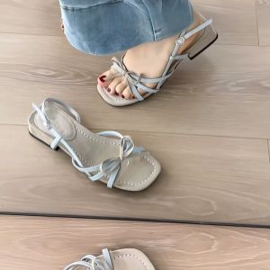 French Elegant Bow Sandals Womens New Temperament with Skirt Open Toe Block Heel Straight Strap Sandals