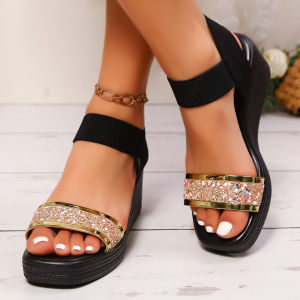 [Free Shipping] Plus-Size Wedge Sandals New Style Thick-Soled High Heels WomenS Elastic-Strap Casual Roman Sandals