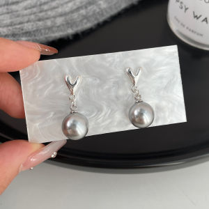 Ready Stock S925 Grey Pearl Earrings Fashion Love Earrings Commuting Exquisite Earrings For Womens Accessories