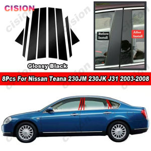 8Pcs Car Door Center B C Pillar Post Cover Trim For Nissan Teana 230JM 230JK J31 2003-2008 Window Middle Column PC Material Mirror Effect Sticker Glossy Piano Black Carbon Fiber Chrome Styling