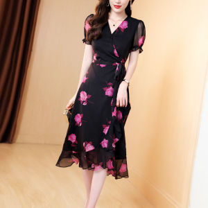 2026 New Summer Fashion Printing V-neck Short Sleeve Elegant Dress Female Fashionable Lacing Slim Midi Dress Womens Ruffles
