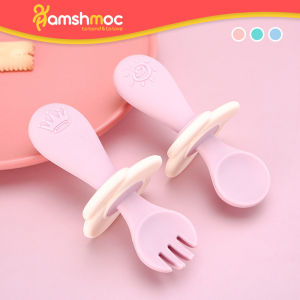 HamshMoc Baby Kid Training Spoon & Fork Learning Set Infant Safety Food Fruit Feeder Kit Self- Feeding Toddler Tableware Cutlery Silicone Teething Toy
