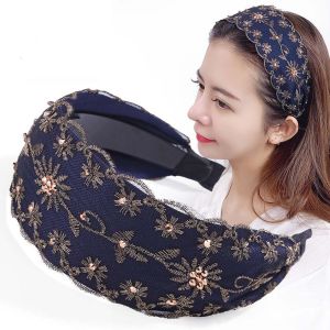 QIANGUANG Headband For Women New Design Hair Accessories For Women Elegant Women Korean style Retro Lace Embroidery hairband Flower headwear Wide edge headband Crystal