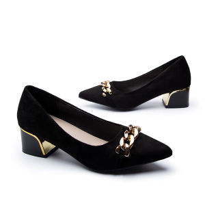 LADYSFSV Korean Black Shoes with Heels 2 inch Block heels Pointed Toe Formal School Office   Shoes for Women