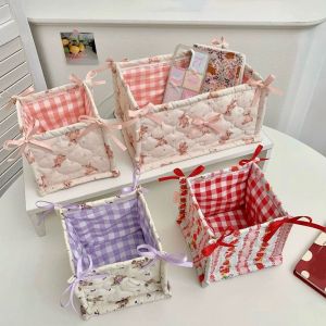 8GJGR ผ้าคอตตอน ตะกร้าเก็บผ้านวม สี่เหลี่ยมสี่เหลี่ยม สไตล์อิน ตะกร้าเก็บของบนโต๊ะ น่ารักน่ารักๆ ลายหมี กระเป๋าจัดระเบียบของกระจุกกระจิก สำหรับบ้าน