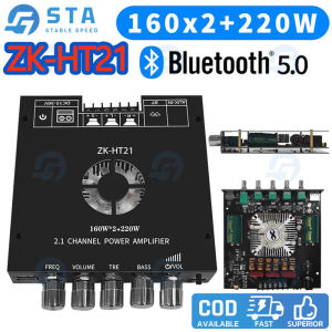 ZK-HT21 Amplifier 2.1 Channel bluetooth Digital Power Module High and Low Tone Subwoofer 160W*2+220W