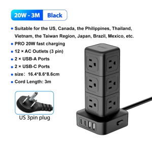 ***ORICO 3Pin US Plug Tower Power Strip 1.5M Extension Cord With USB 20W Fast Charging Multi Plug Outlet Socket(TPP-12A)
