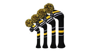 Scott Edward Golf Head Cover Set 4 PCs with Fluffy Pom Knit Double Layers Protector for Golf Driver Wood (460Cc) Fairway Wood and Hybrid/UT with Rotating Club Number Tags (Fast Black and White Dot) Protect Golf Club from Scratches and Dust