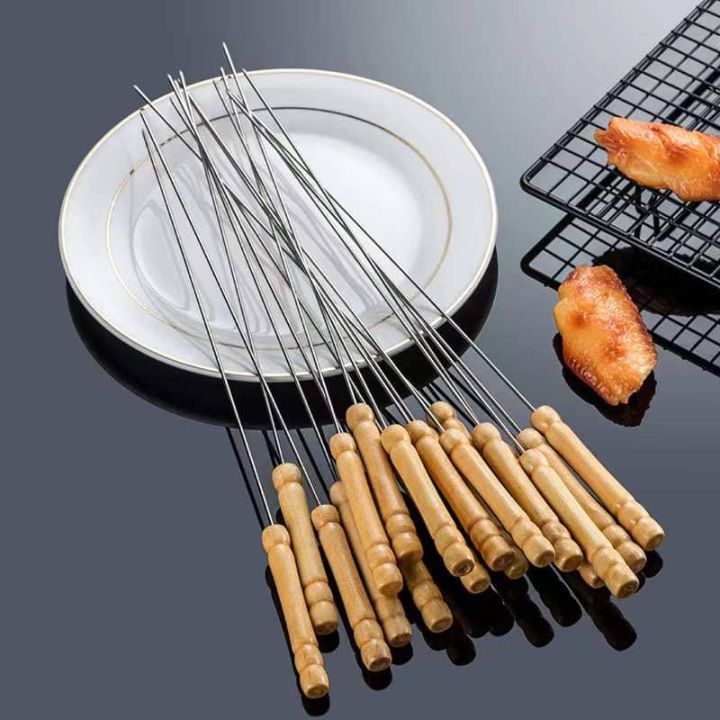 1PC Wooden Handle Stainless Steel BBQ Stick Barbecue Skewer