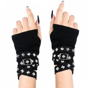 LILLAUO Harajuku Metal Rivet Gloves Y2K Black Fingerless Mittens Retro Hip Hop Punk Wristband Women